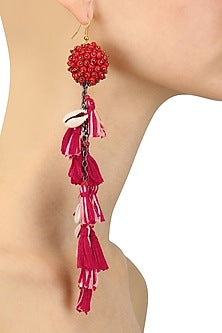 Red, Pink and Yellow Beadwork and Tassel Fringe Fish Hook Earrings