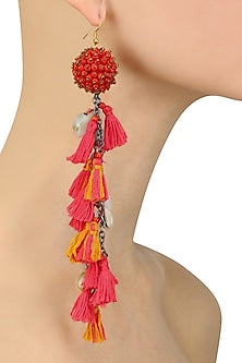 Red and Pink Beadwork and Tassel Fringe Fish Hook Earrings
