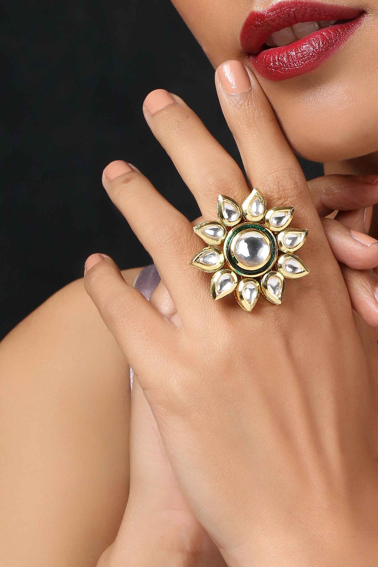 Floral Kundan Adjustable Ring