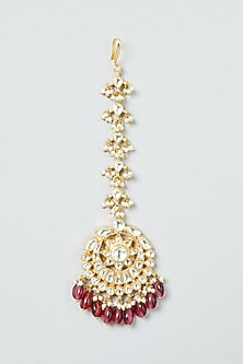 Gold Finish Maang Tikka With Pink Beads
