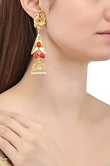 Matte Finish Textured Peacock Motif Jhumki Earrings