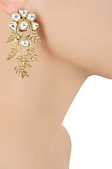 Gold Finish Kundan Crystal Leaf Motif Earrings