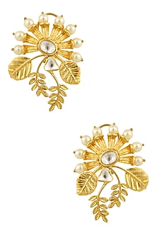 Gold Finish Kundan Crystal and Pearl Leaf Earrings