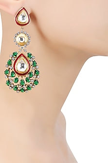 Matte Gold Finish Green Onyx and Kundan Crystal Earrings