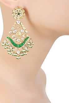 Matte Gold Finish Green Stone and Kundan Crystal Danglers Earrings