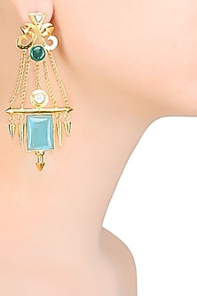 Gold Matte Finish Blue Deco Glass And Malachite Earrings