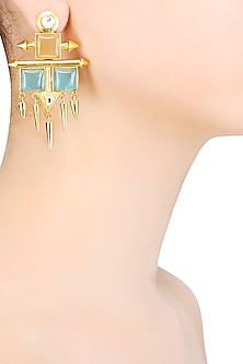 Gold Matte Finish Blue Deco Glass Hanging Spikes Earrings
