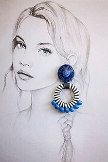 White Finish Blue Beaded Hoop Earrings