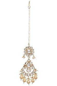 Gold Plated Kundan Stones and Pearl Choker Necklace with Earrings and Maangtika