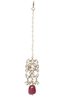 Gold Plated White and Maroon Semi Precious Stones Choker Necklace with Earrings and Maangtika