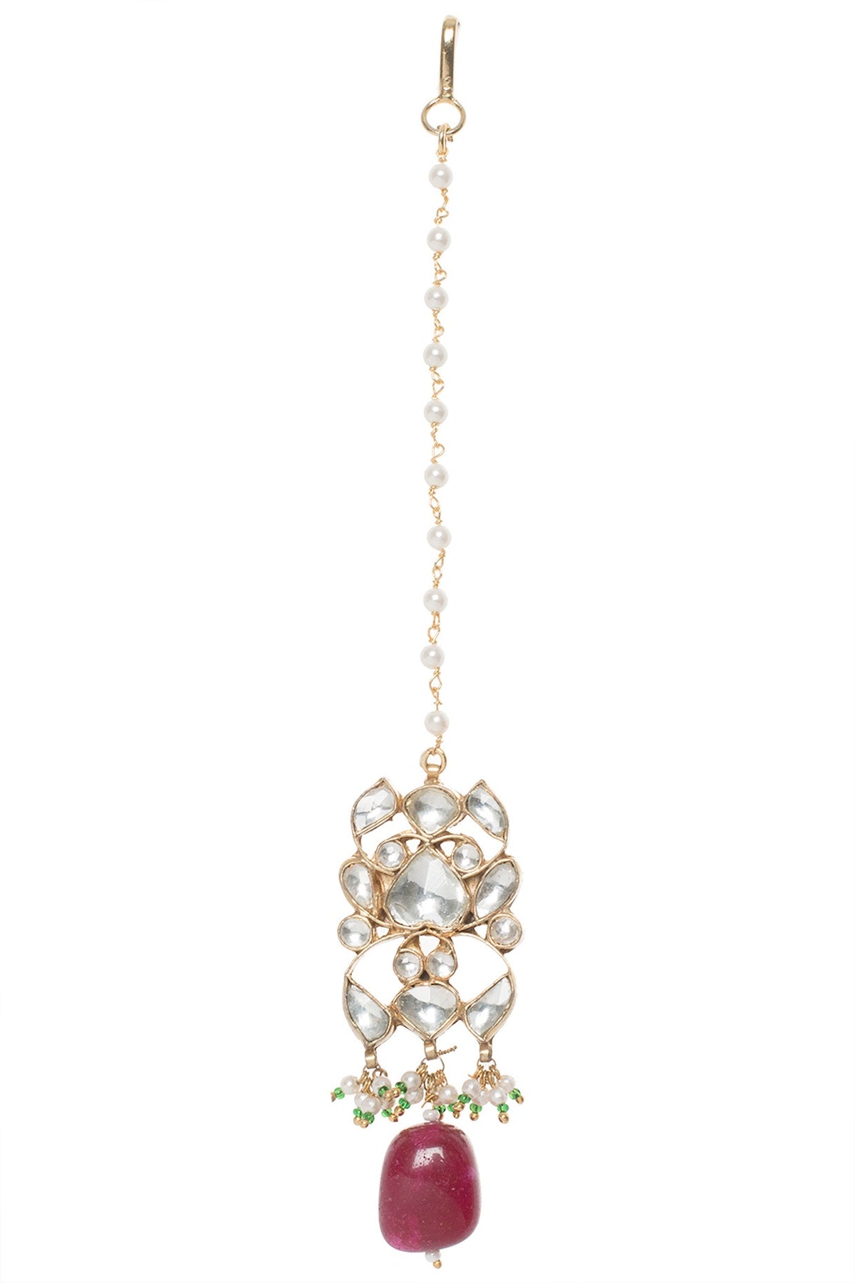 Gold Plated White and Maroon Semi Precious Stones Choker Necklace with Earrings and Maangtika