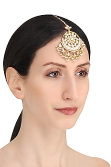 Gold Plated White Jadtar Stone Crescent Maang Tikka