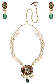 Gold Plated Navratna Stone Pendant Necklace With Earrings Set