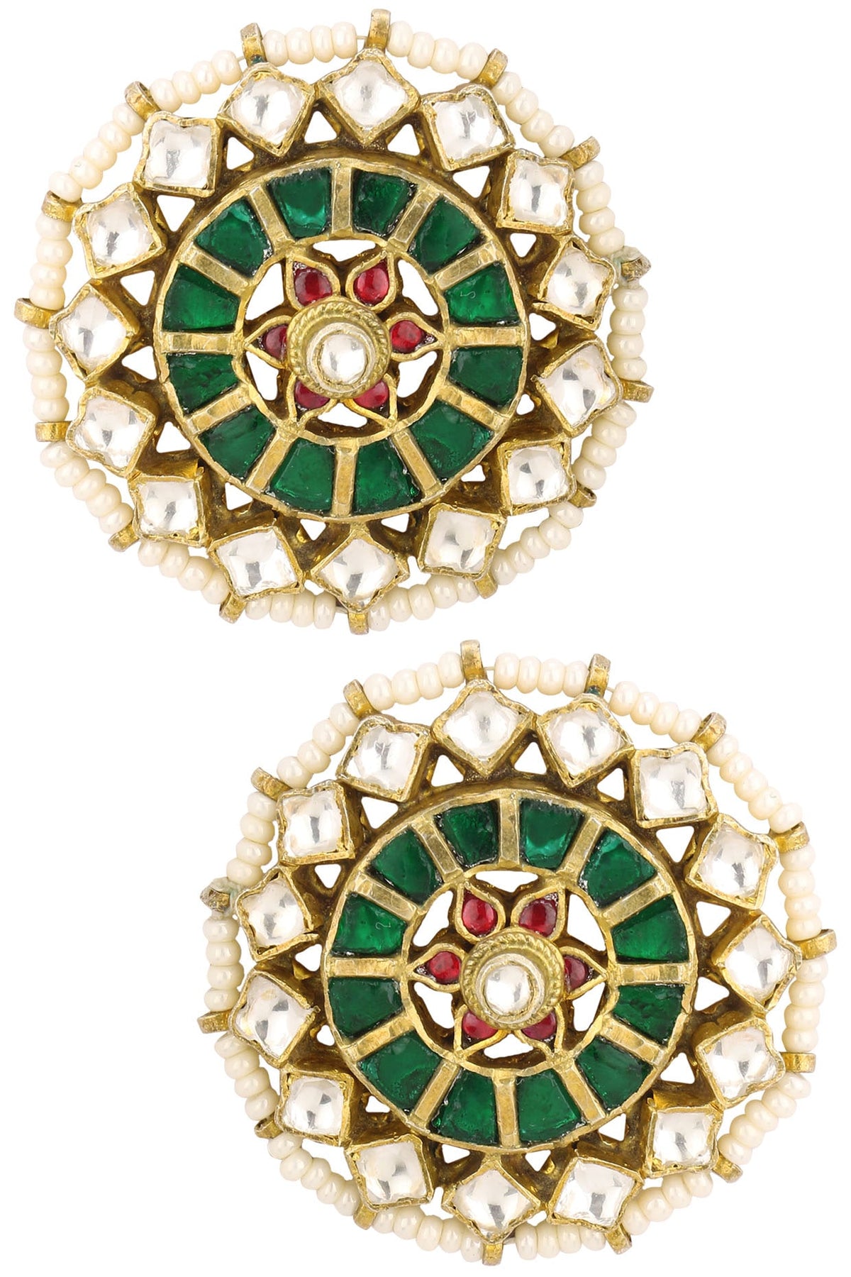 Gold Finish Green Meenakari Floral Top Earrings
