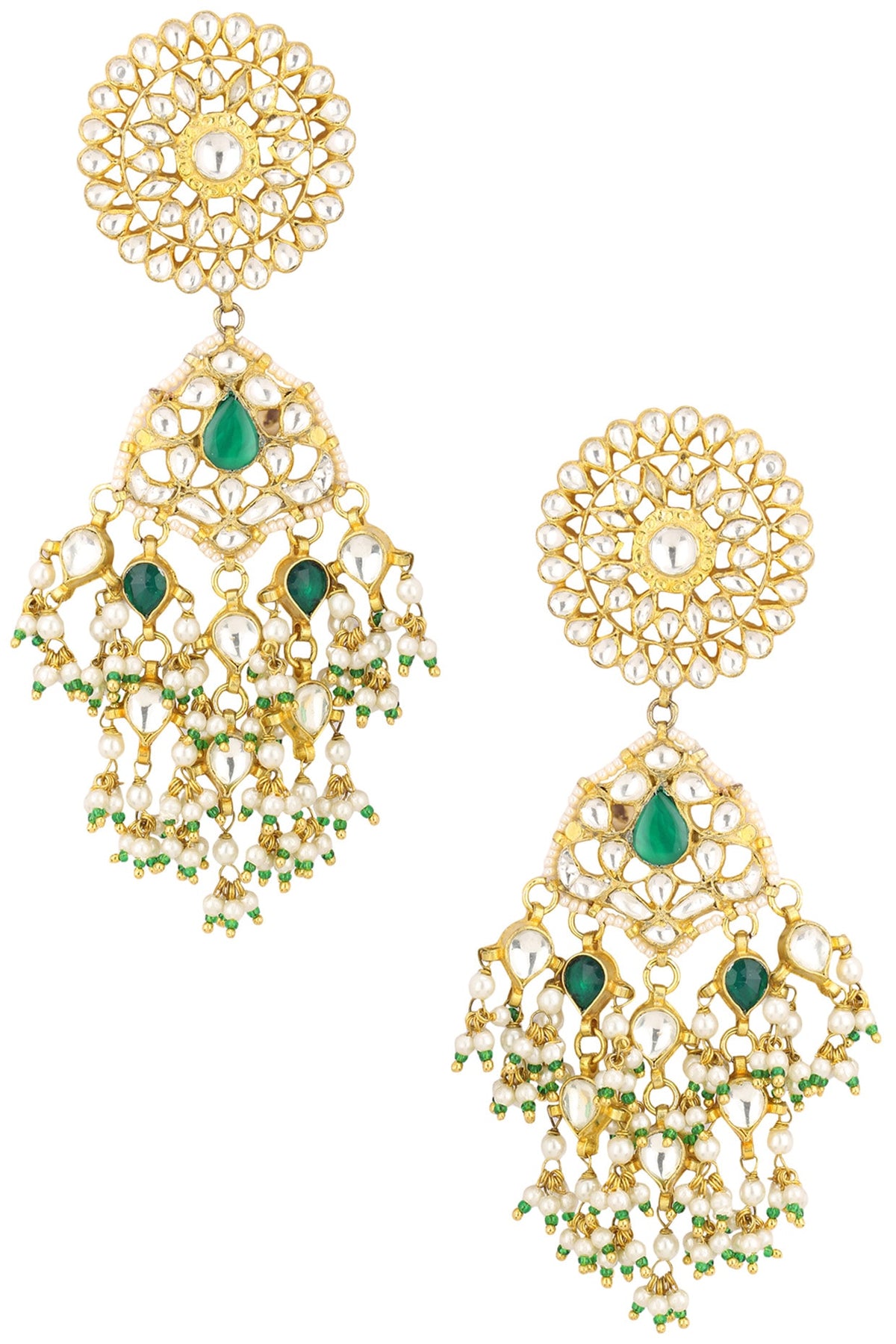 Gold Finish White and Green Stone Flower Top Earrings