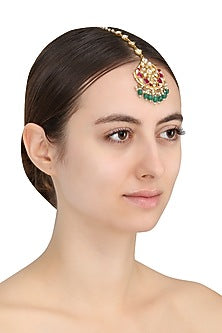 Gold Plated White Jadtar and Pink Stone Crescent Maang Tikka