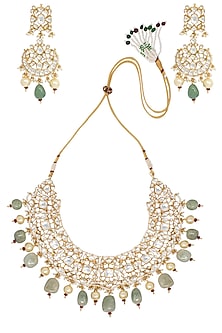 Gold Plated Sea Green and White Stones and Pearls Necklace Set