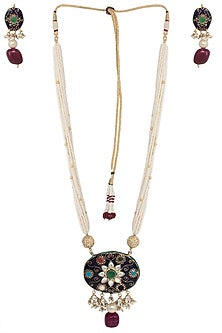Gold Plated Pearls and Blue Meena Pendant Necklace Set
