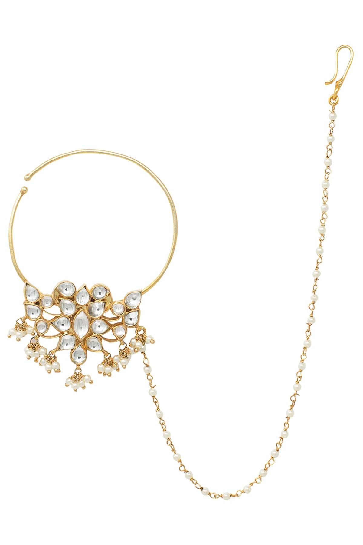Gold Plated White Jadtar and Pearls Nose Ring