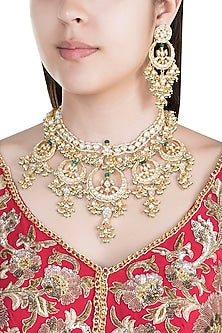 22Kt Gold Plated Pearl & Emerald Chand Pendant Necklace Set