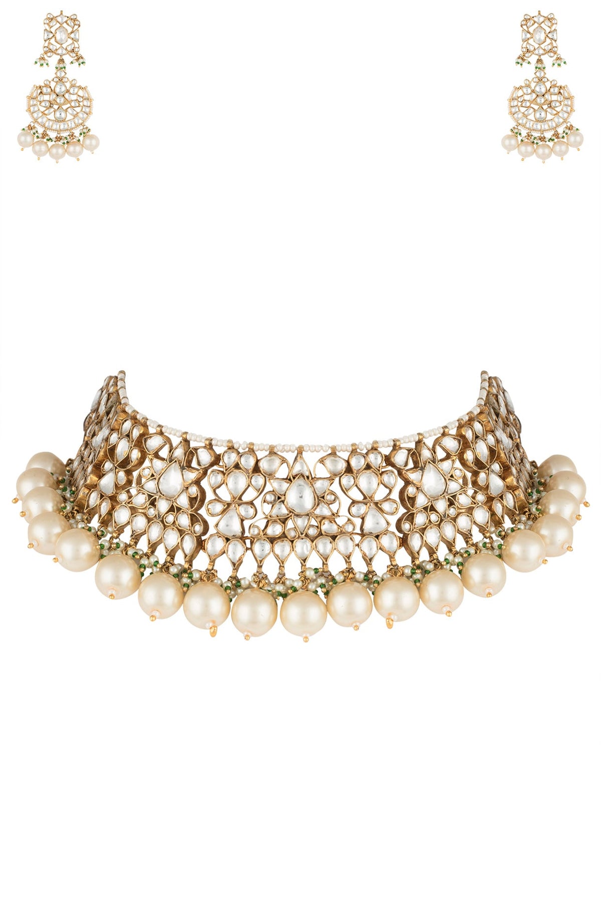 Gold plated white choker pearl necklace set