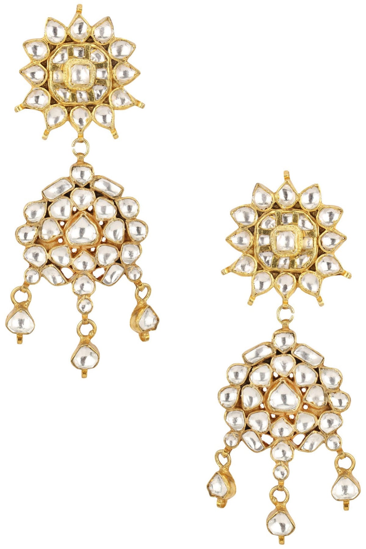 Gold Plated Jadtar Stones Two Tier Earrings