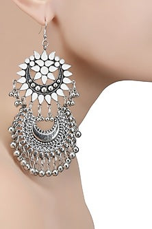 Silver Plated Double White Enamel Cutwork Crescent Motifs Earrings