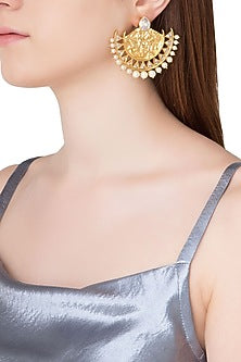 Gold Plated Stone and Pearls Textured Chandbali Earrings