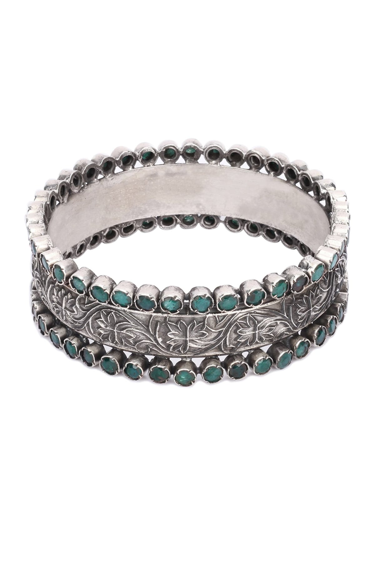 Floral Carved Silver Bracelet with Green Stones