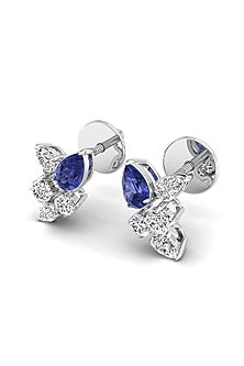 14kt White Finish Round-Cut Diamond & Blue Gemstone Stud Earrings