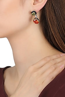 Gold Plated Black Onyx, Red and Green Cubic Zirconia Stones Abstract Earrings
