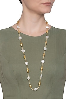 Gold plated pearl long necklace