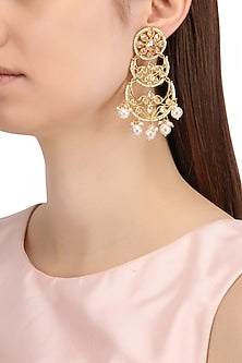 Gold Finish Double Layered Kundan and Pearls Chandbali Earrings