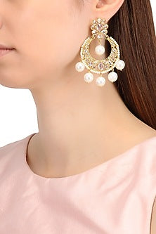 Gold Finish Single Layer Kundan and Pearls Chandbali Earrings