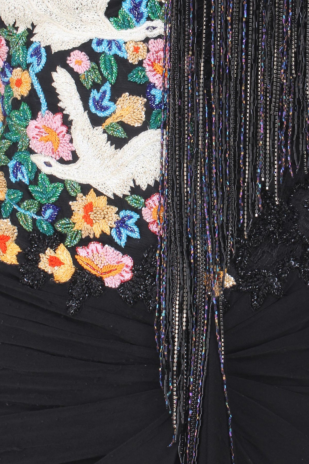 Grey and Black Floral Work and Tassel Fringes One Shoulder Gown