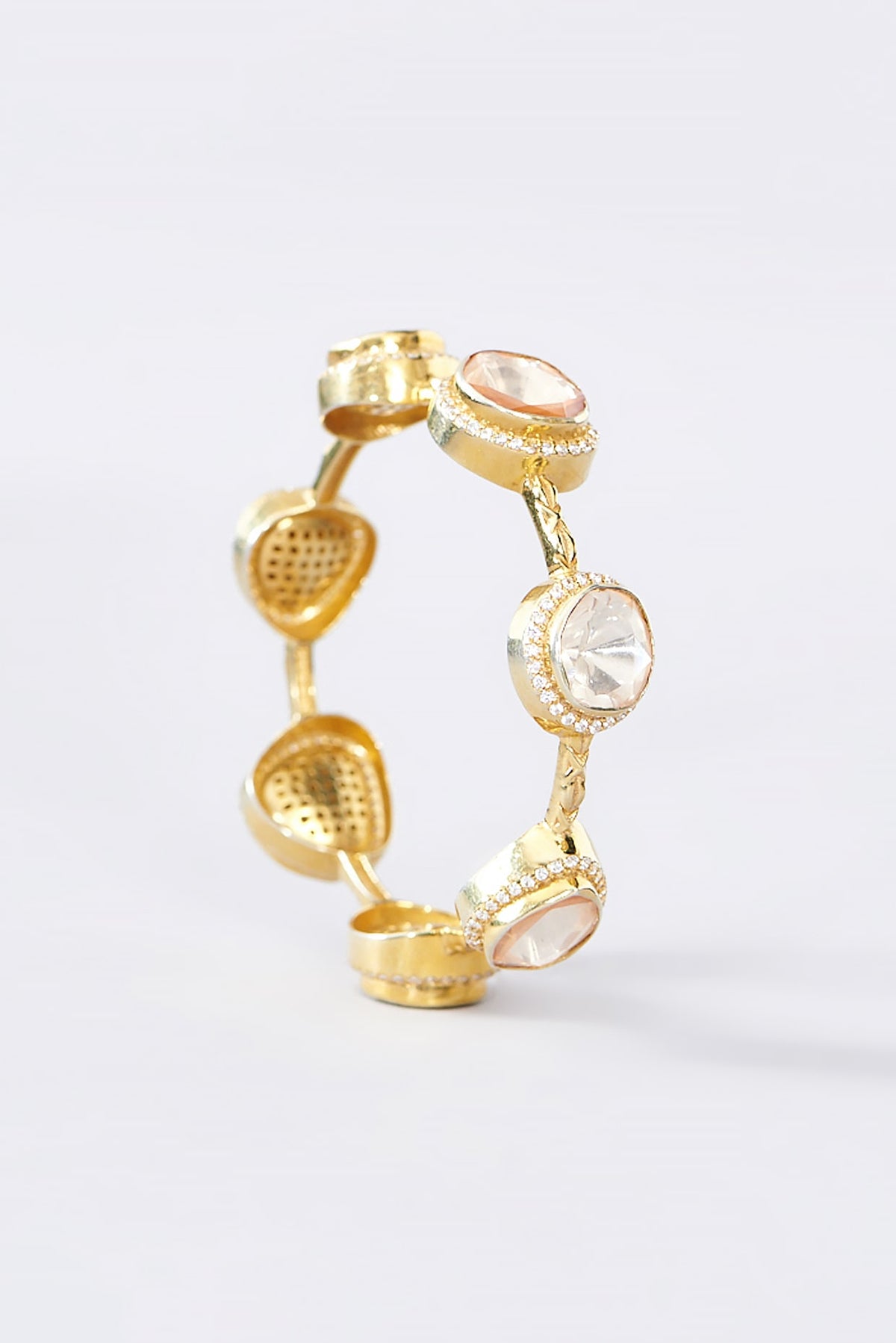 Gold Finish CZ & Moissanite Polki Bangle In Sterling Silver