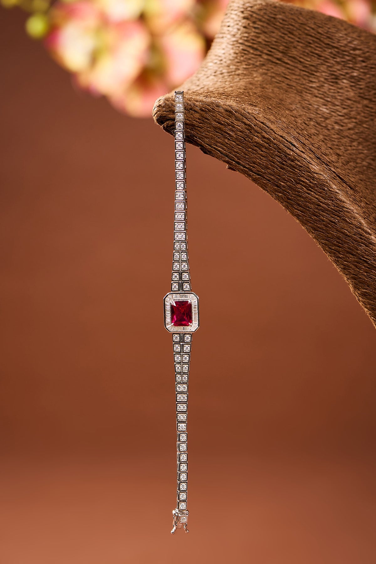 White Gold Finish Zircon & Ruby Stone Bracelet In Sterling Silver