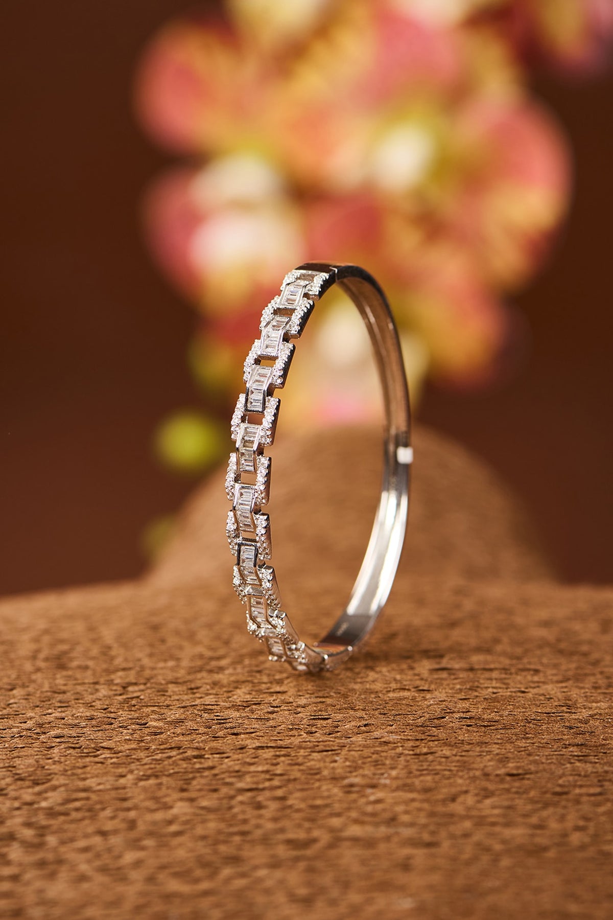 White Gold Finish Eurostar Zircon Bangle In Sterling Silver