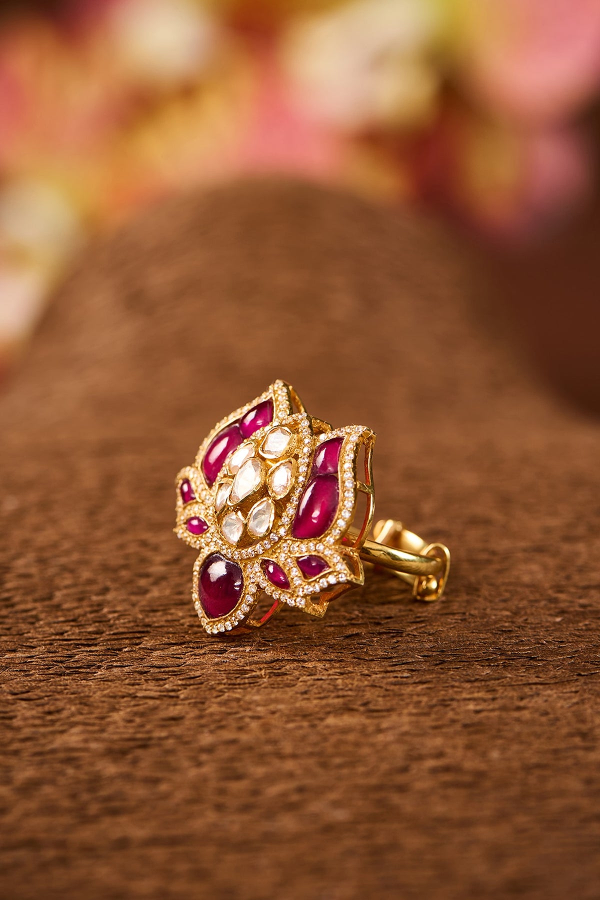 Yellow Gold Finish Moissanite Polki & Ruby Stone Ring In Sterling Silver