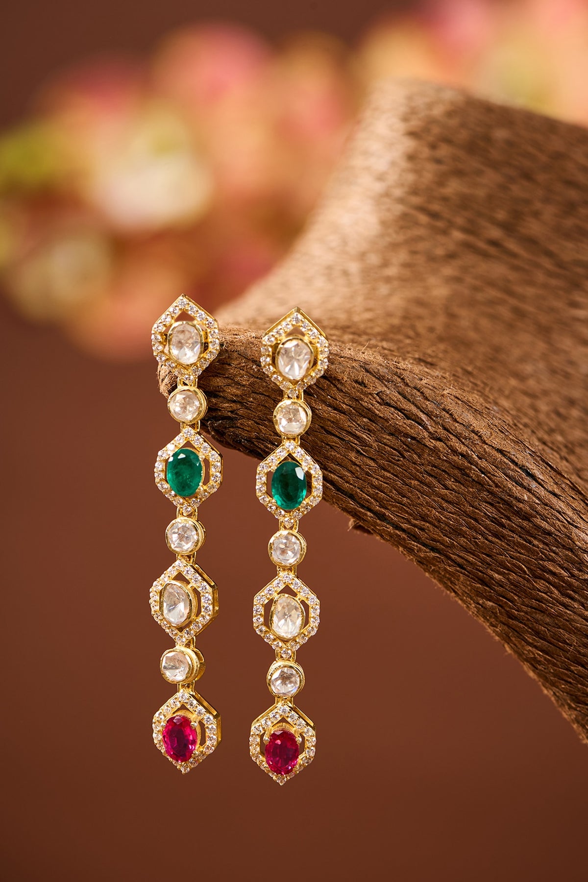 White Gold Finish Eurostar Zircon & Emerald Stone Dangler Earrings