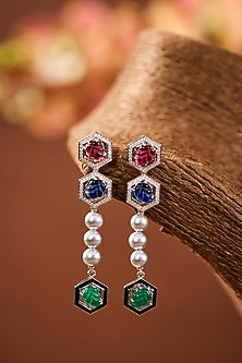 White Gold Finish Eurostar Zircon & Emerald Stone Dangler Earrings In Sterling Silver
