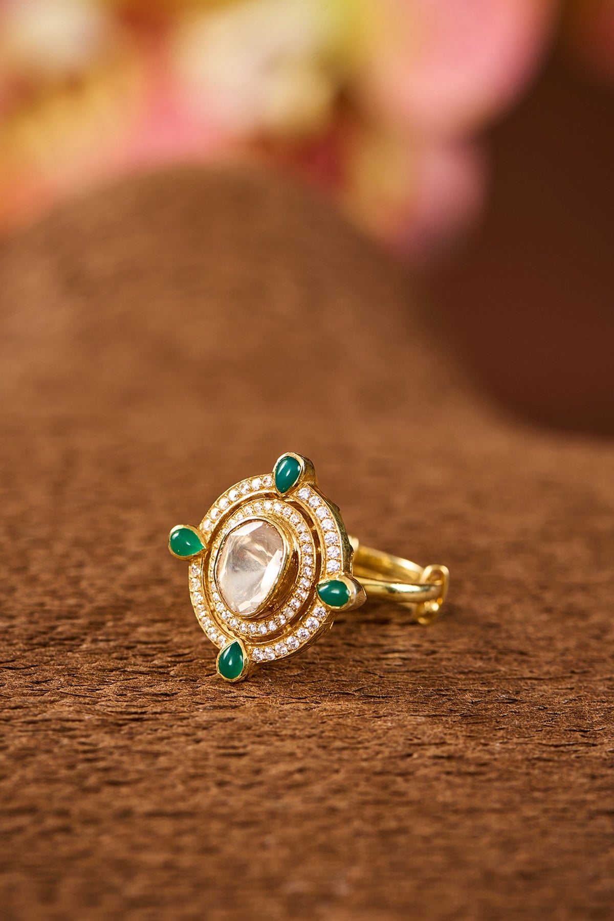 Yellow Gold Finish Moissanite Polki & Glass-Filled Emerald Stone Adjustable Ring In Sterling Silver