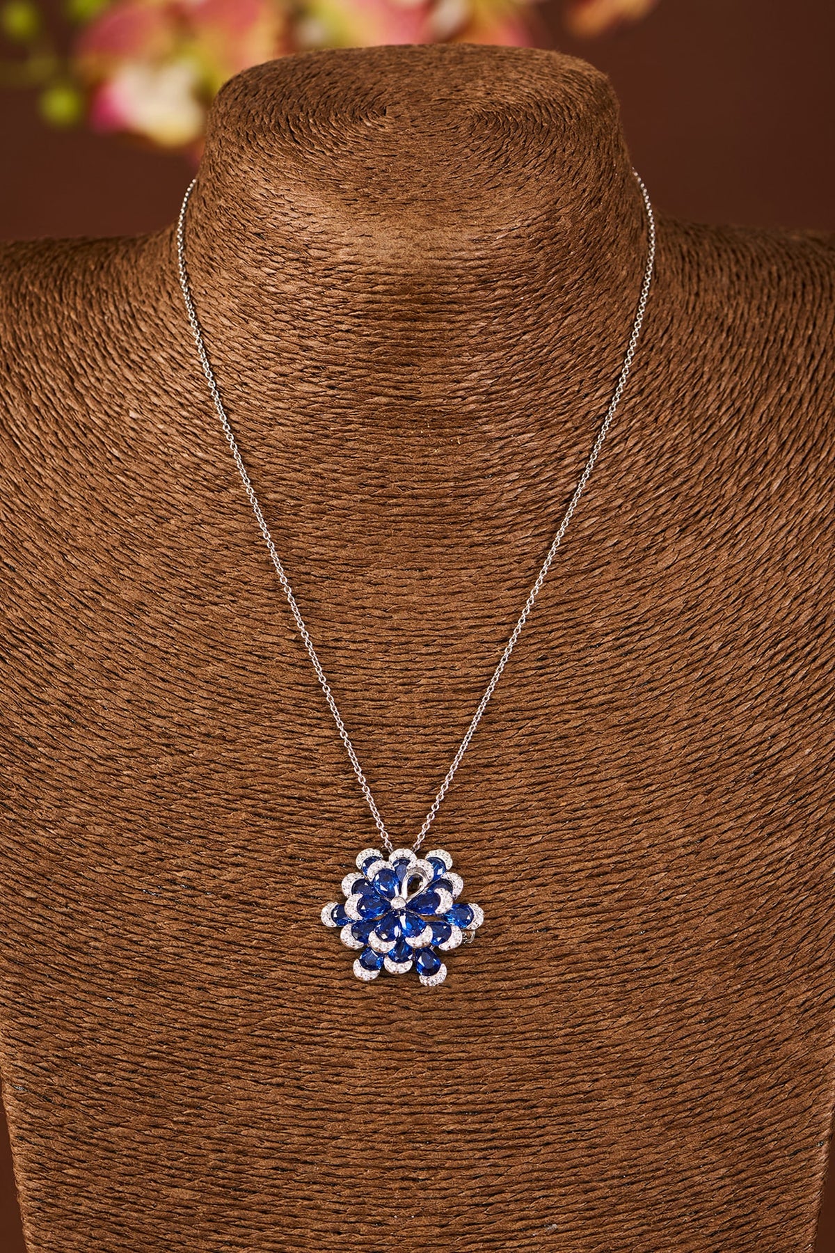 White Gold Finish Eurostar Zircon & Blue Sapphire Stone Necklace Cum Brooch In Sterling Silver