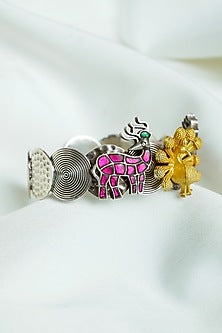 Two Tone Finish Red Enameled Openable Cuff In Sterling Silver