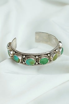 Antique Silver Finish Green Turquoise Stone Cuff In Sterling Silver