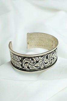 Oxidised Silver Finish Floral Chittai Openable Cuff In Sterling Silver