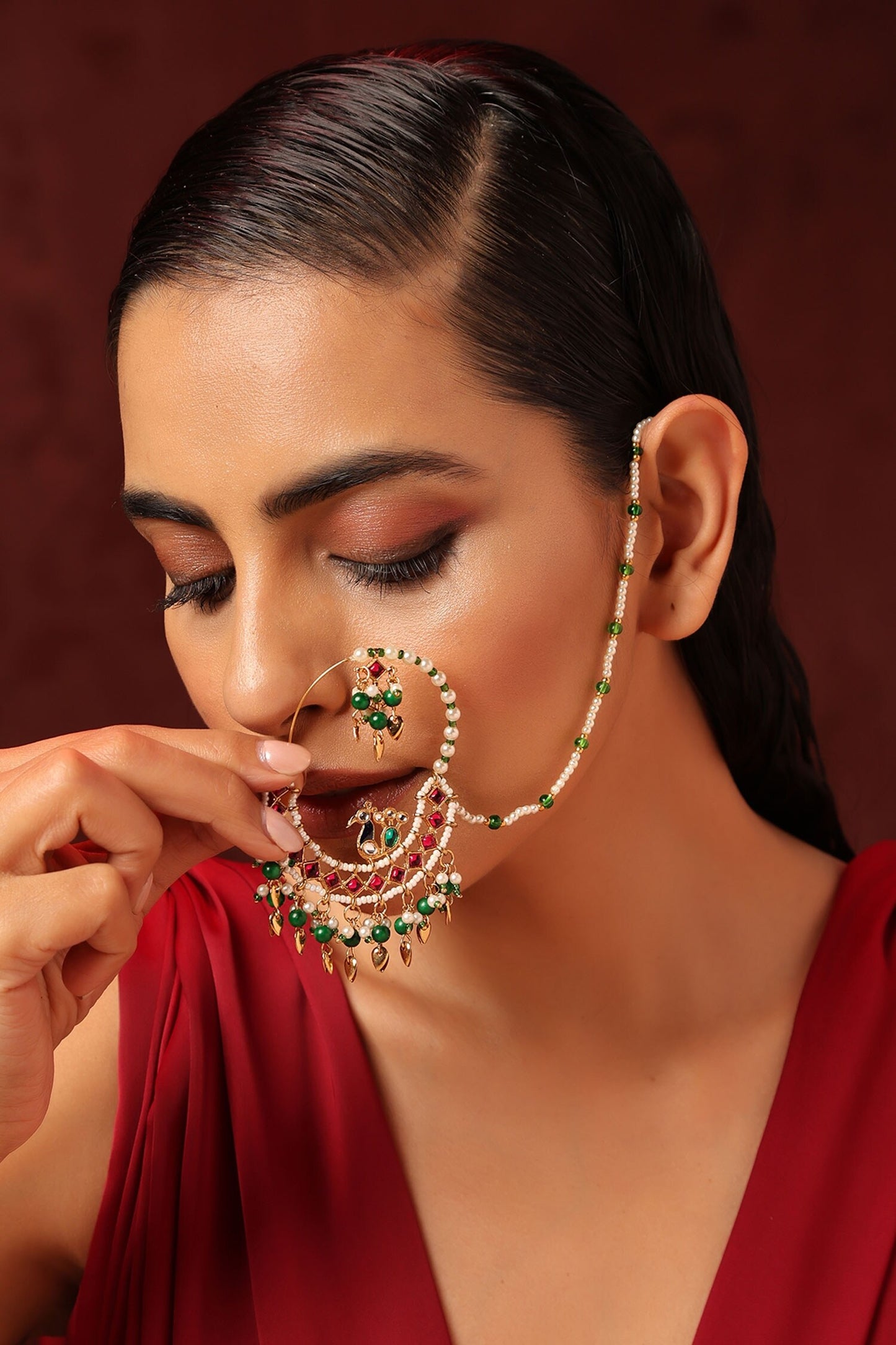 Gold Tone Peacock Nath with Bead Drops