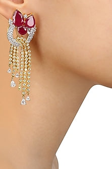 Gold Finish Ruby and White Sapphire Bow Earrings