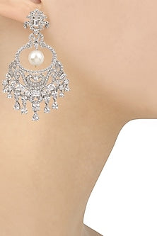 Rhodium Finish Sapphire and Pearl Cocktail Earrings