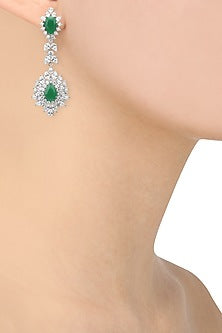 Rhodium Finish White Sapphires and Emerald Stone Earrings